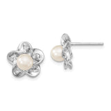 Sterling Silver Pearl Stud Earrings with White Cultured Pearl, Floral Motif Design for Women