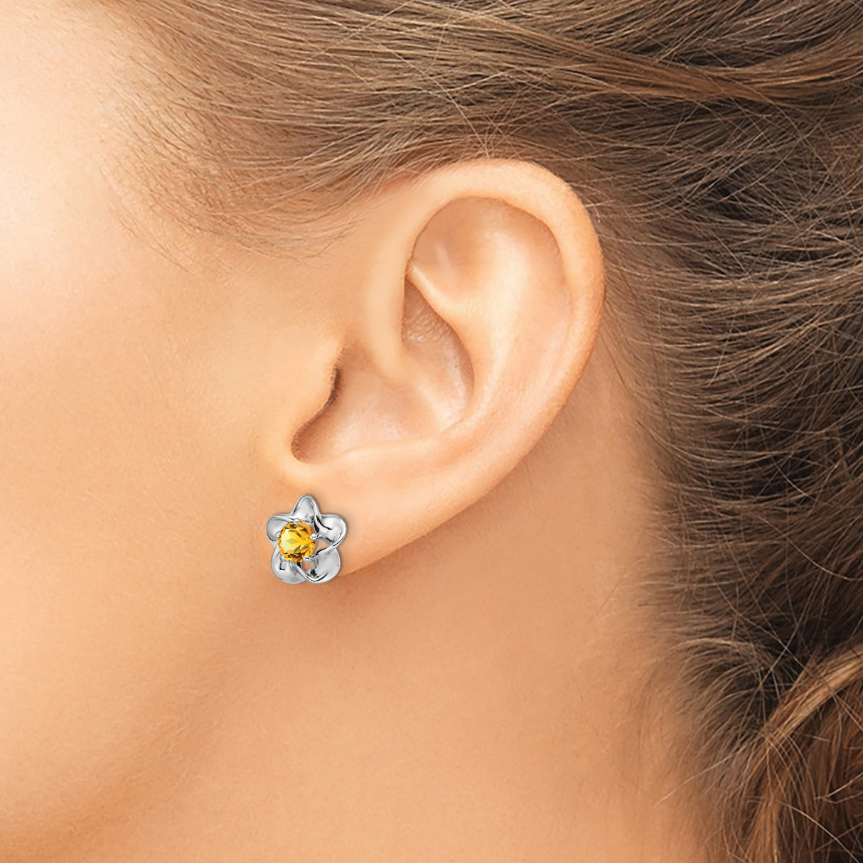 Sterling Silver Flower Stud Earrings with Citrine Center, Polished Petal Design for Women