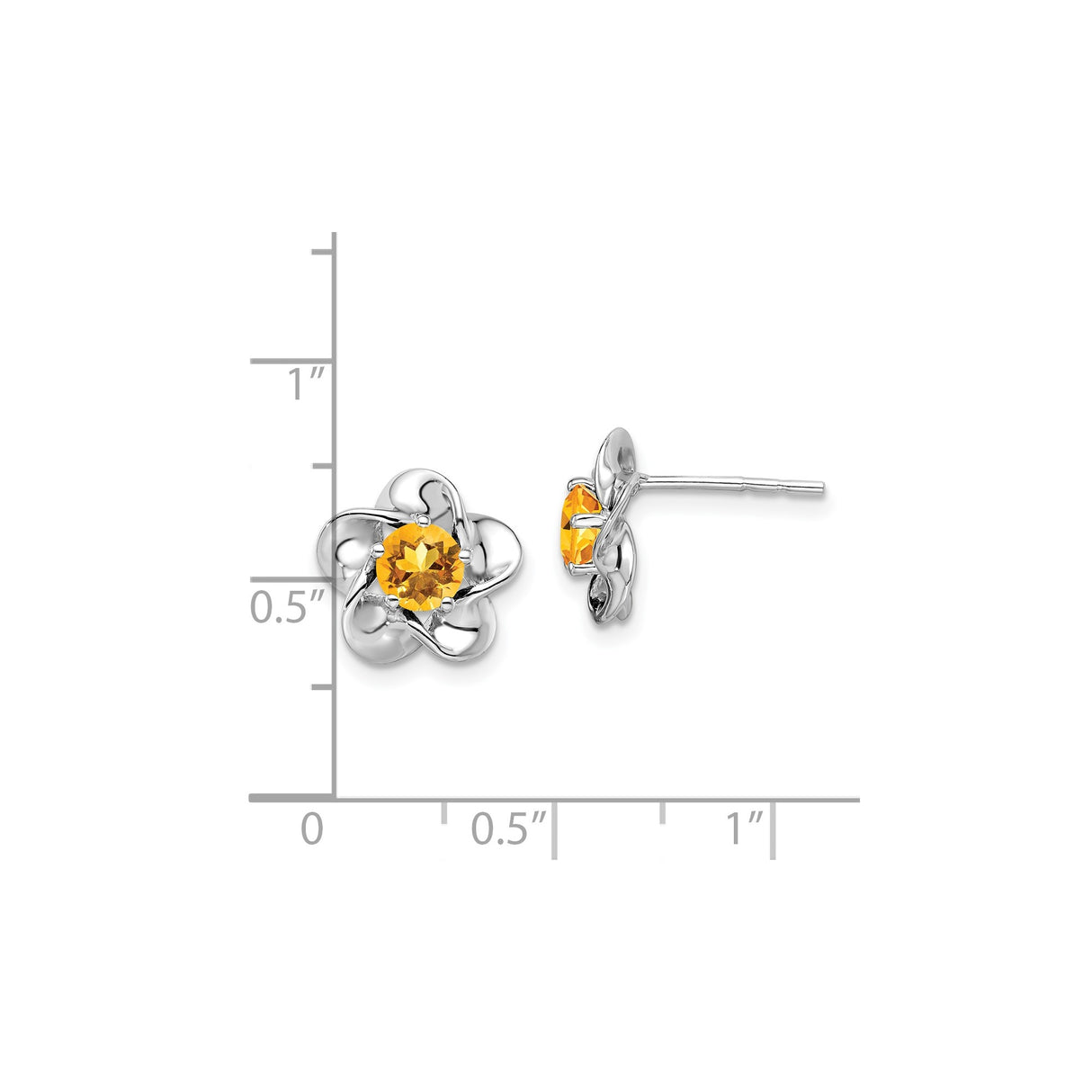 Sterling Silver Flower Stud Earrings with Citrine Center, Polished Petal Design for Women