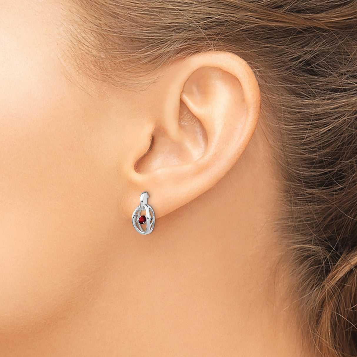 Sterling Silver Oval Earrings with Garnet, Modern Open Design Studs for Women