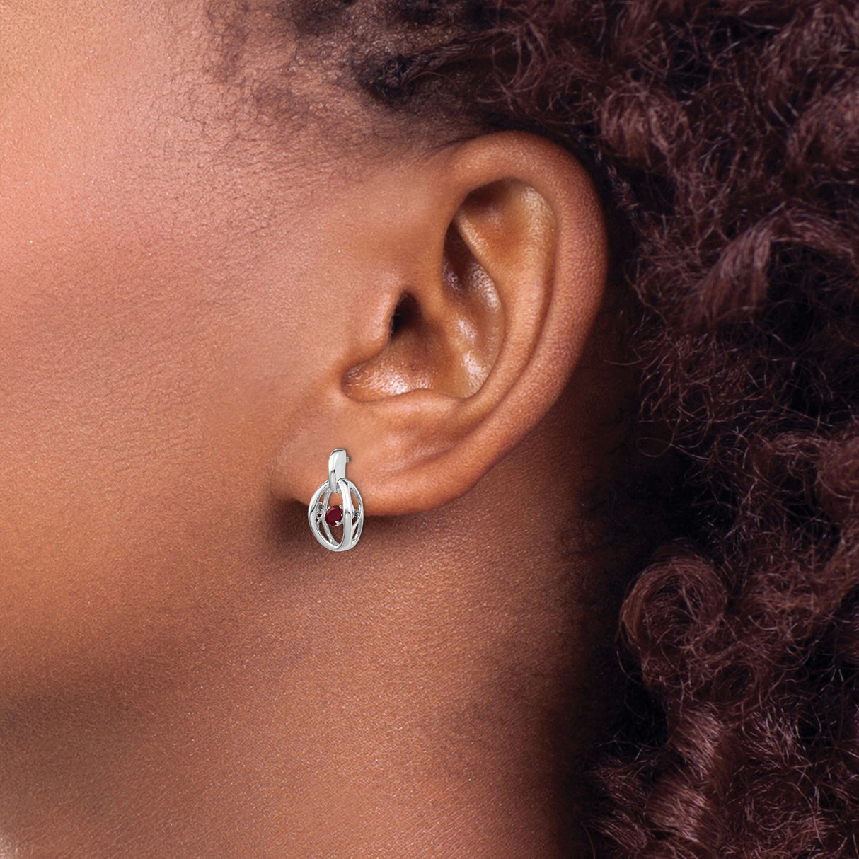 Sterling Silver Oval Stud Earrings with Lab Created Ruby, Open Frame Design