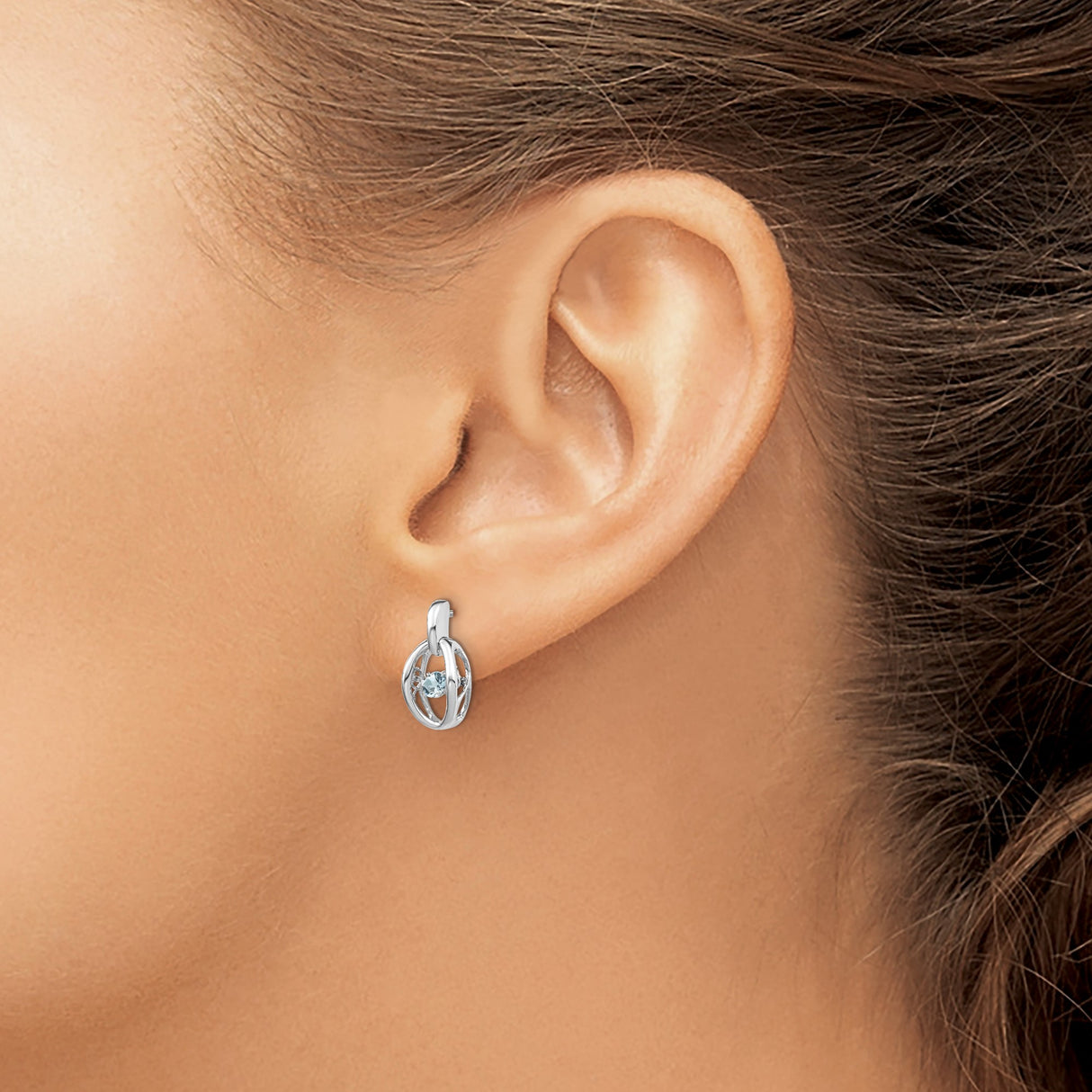 Sterling Silver Oval Dangle Stud Earrings with Aquamarine, Open-Frame Modern Style