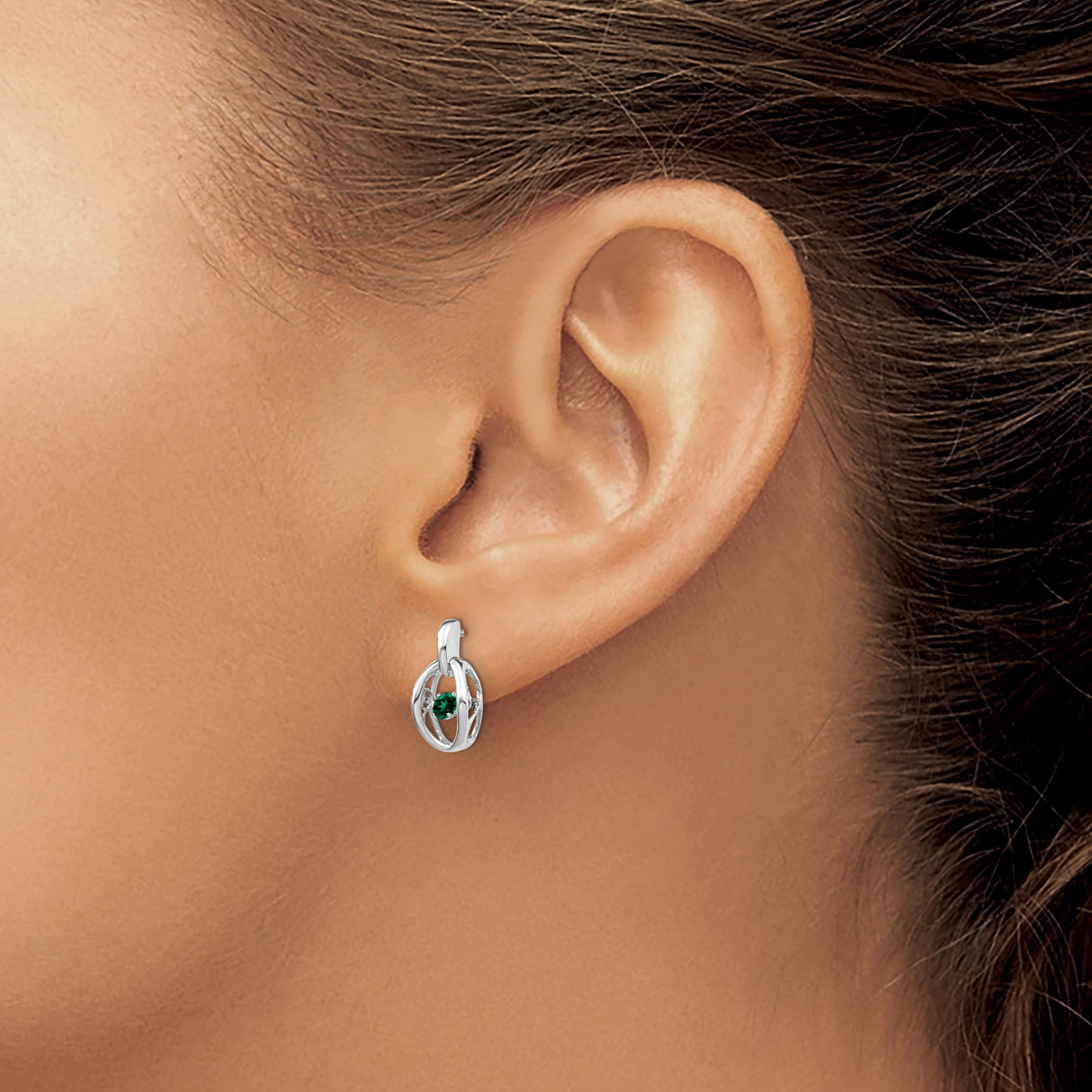 Sterling Silver Oval Stud Earrings with Emerald, Modern Minimalist Design for Women
