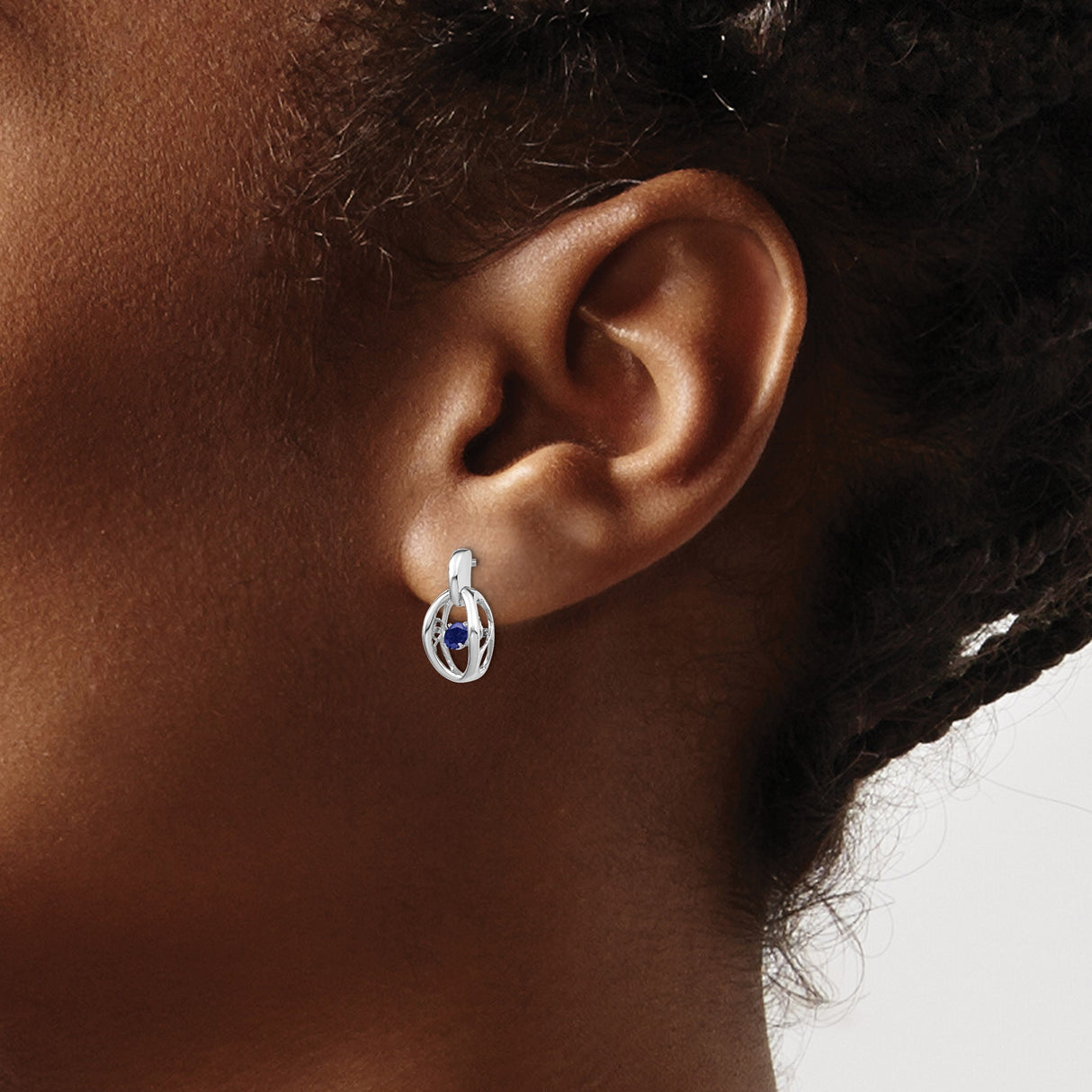 Sterling Silver Stud Earrings with Created Sapphire, Oval and Open Design