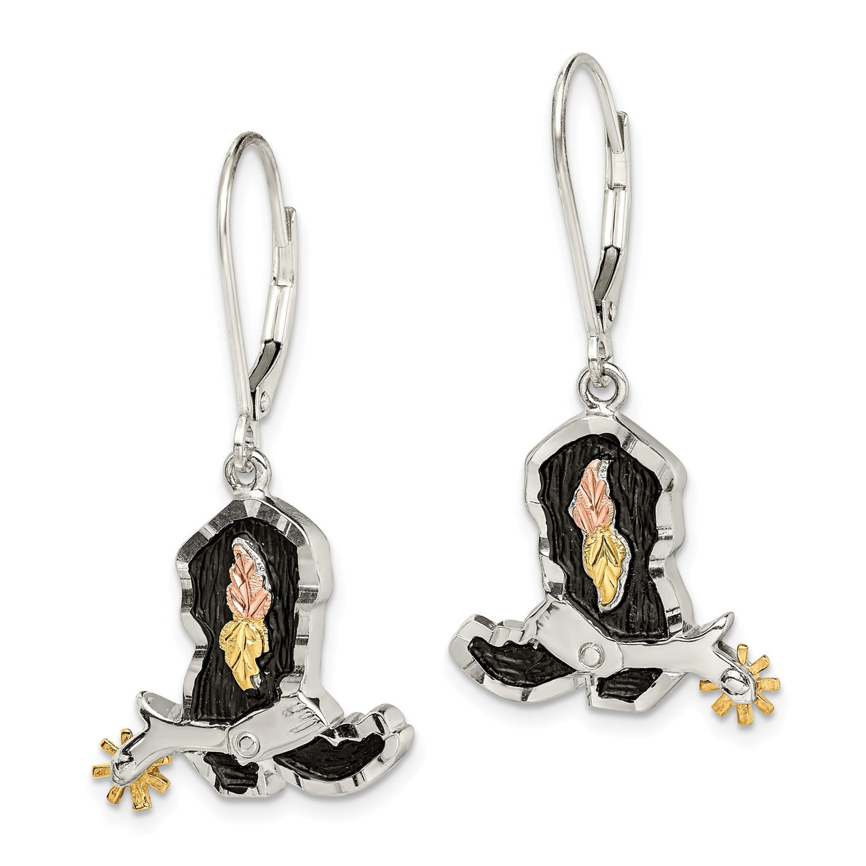 Sterling Silver Cowboy Boot Dangle Earrings with Tri-Color Leaves and Spur Detail