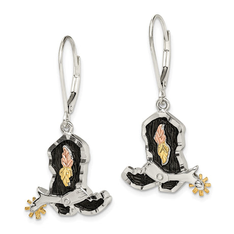 Sterling Silver Cowboy Boot Dangle Earrings with Tri-Color Leaves and Spur Detail