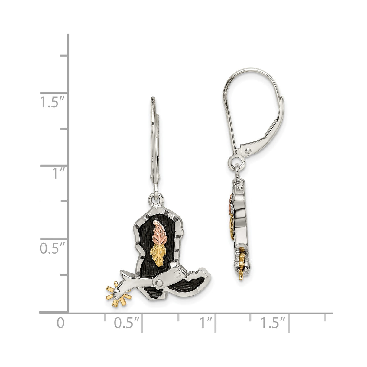 Sterling Silver Cowboy Boot Dangle Earrings with Tri-Color Leaves and Spur Detail