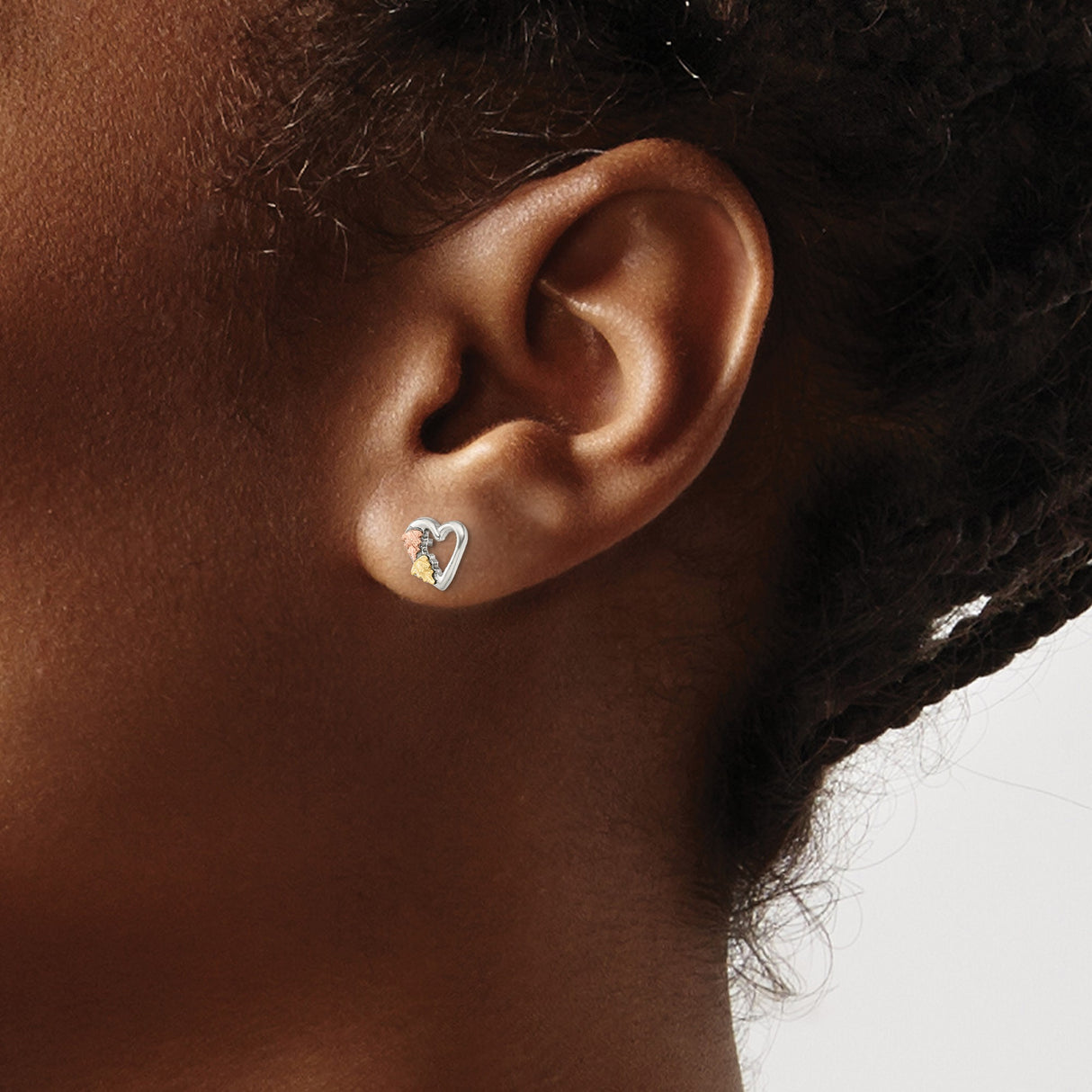 Sterling Silver Heart Stud Earrings with Tri-Color Leaf Design, Nature Inspired Jewelry for Women