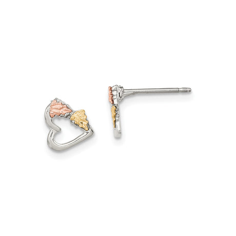 Sterling Silver Heart Stud Earrings with Tri-Color Leaf Design, Nature Inspired Jewelry for Women