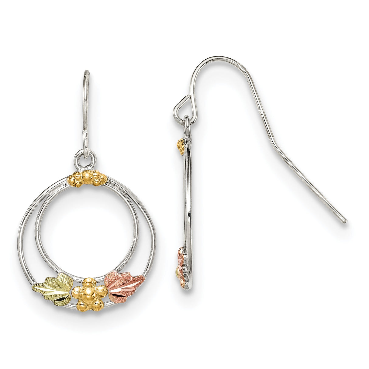 Sterling Silver Dangle Earrings with Double Circle Design and Black Hills Gold Leaf Accents
