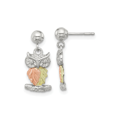 Sterling Silver Owl Stud Earrings with Rose, Yellow, and Green Leaf Accents, Nature Inspired Design
