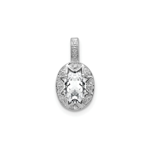 Sterling Silver Pendant with White Topaz and Diamond, Vintage Floral Filigree Design for Women