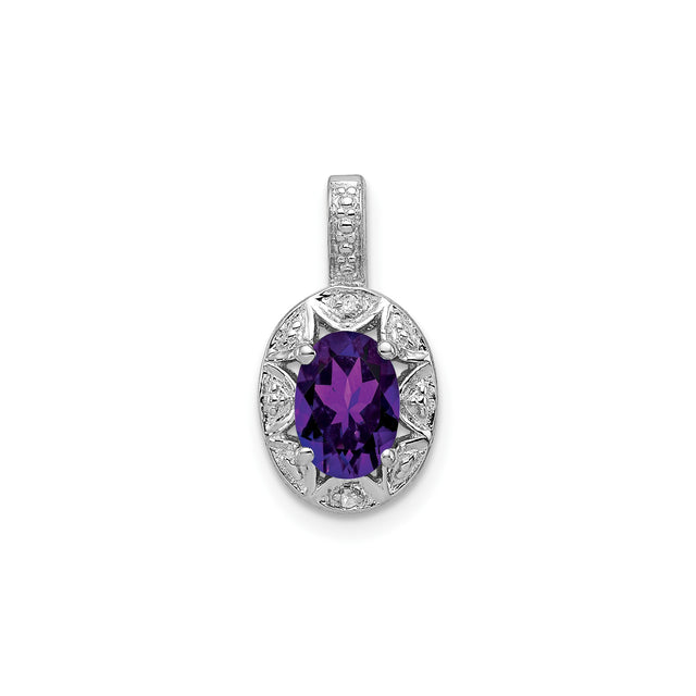 Sterling Silver Pendant with Oval Amethyst, Starburst Filigree Design, Diamond Accents