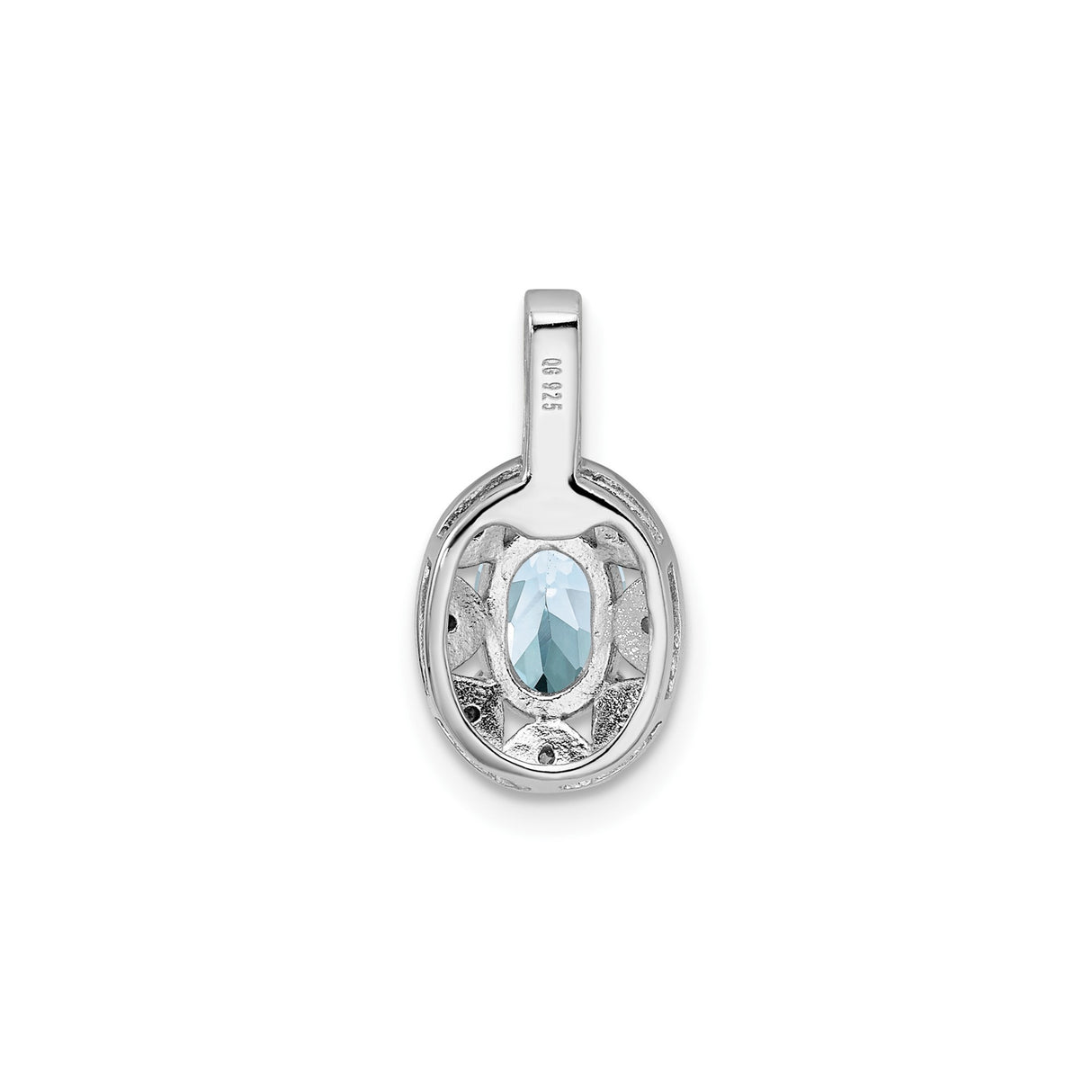 Sterling Silver Pendant with Oval Aquamarine, Filigree Floral and Star Motifs, Cubic Zirconia Accents