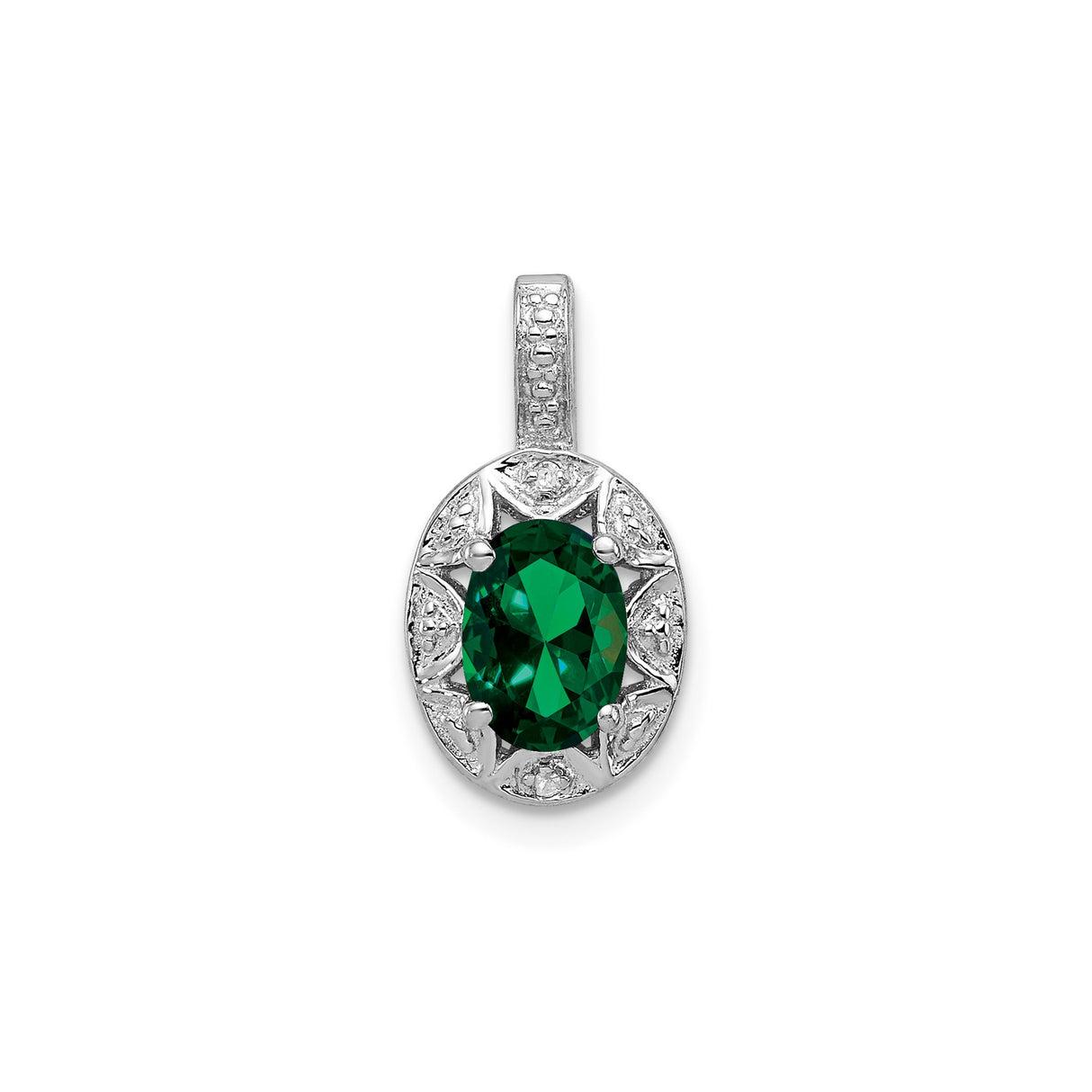 Sterling Silver Oval Pendant with Lab Created Emerald, Diamond Accents, Filigree Starburst Design