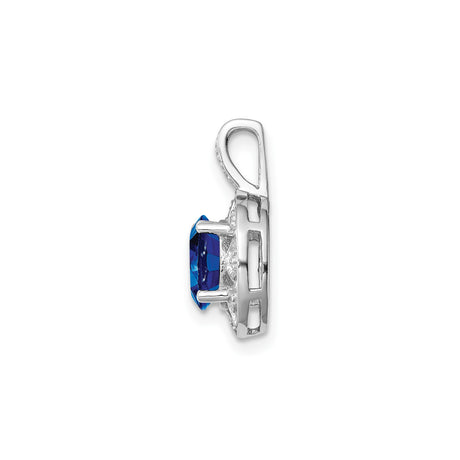 Sterling Silver Oval Pendant with Lab Created Sapphire, Starburst Design, Diamond Accents, Art Deco Style