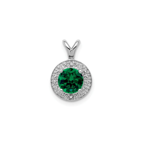 Sterling Silver Pendant with Lab Created Emerald Center and Diamond Halo Accents
