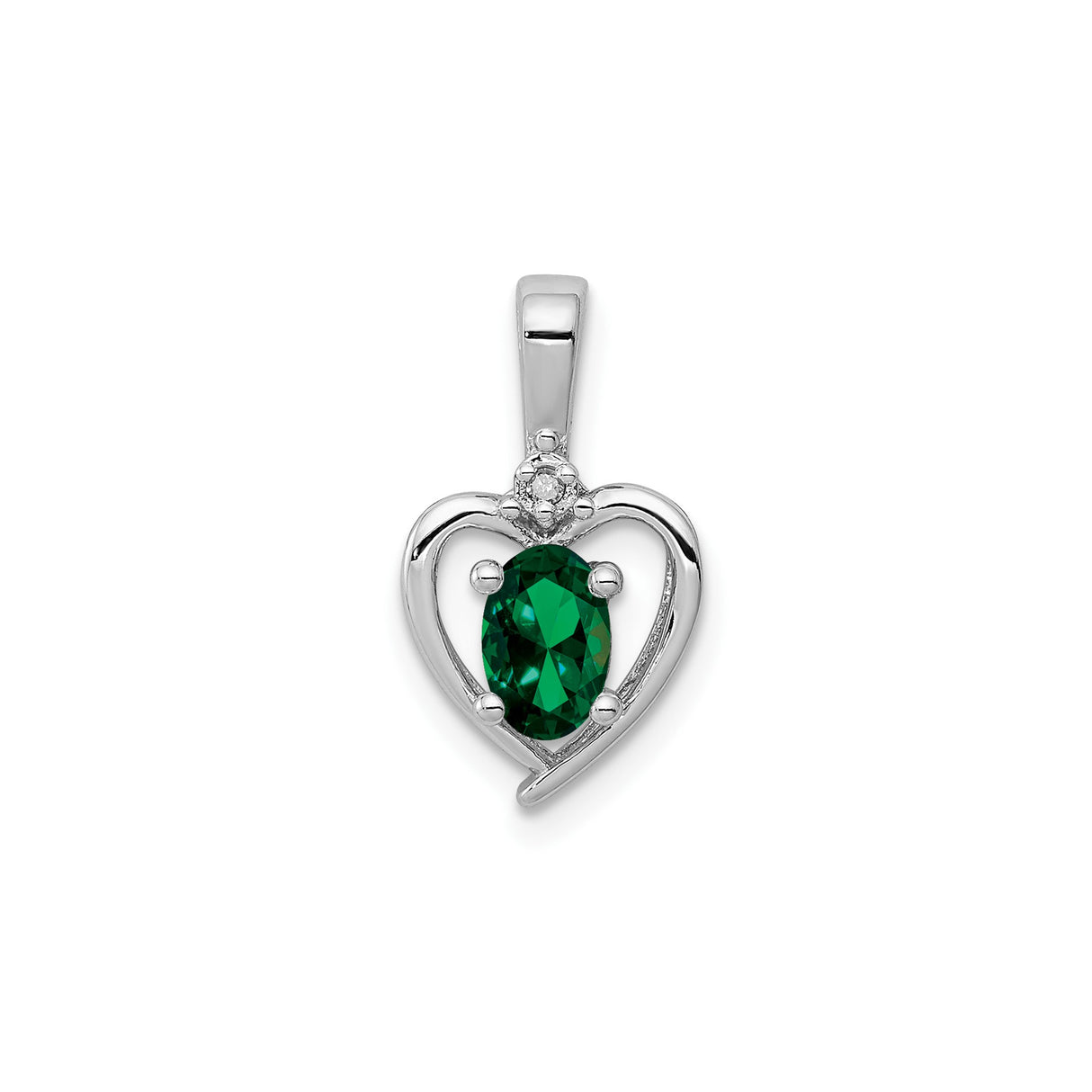 Sterling Silver Heart Pendant with Oval Cut Emerald and Diamond Accents