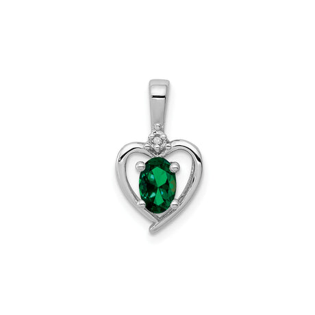 Sterling Silver Heart Pendant with Oval Cut Emerald and Diamond Accents