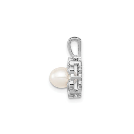 Sterling Silver Pendant with White Freshwater Pearl and Cubic Zirconia Floral Design