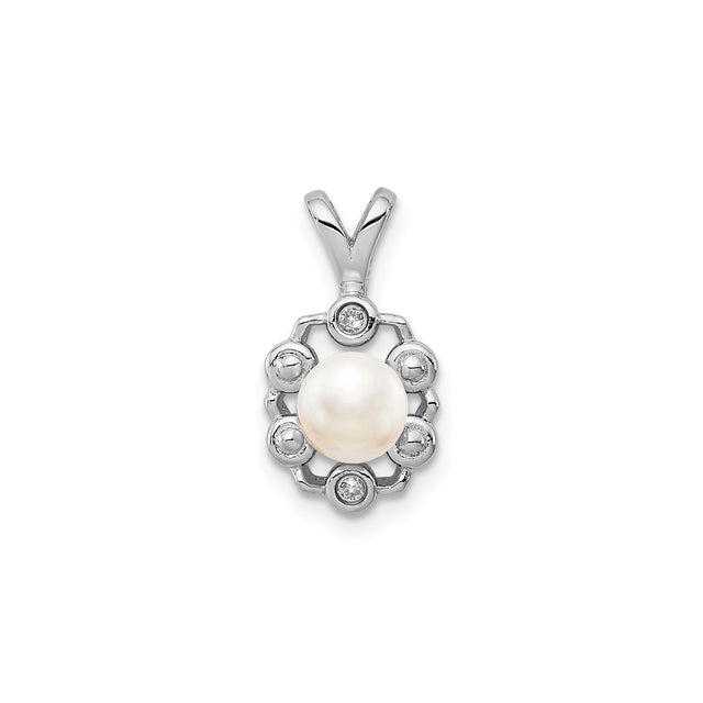 Sterling Silver Pendant with White Freshwater Pearl and Cubic Zirconia Floral Design