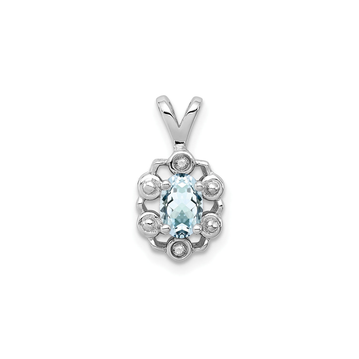Sterling Silver Pendant with Oval Aquamarine and Diamond Accents, Ornate Openwork Design