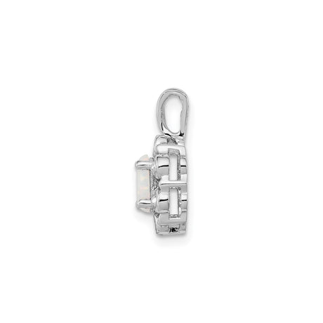 Sterling Silver Pendant with Oval Lab Created White Opal and Diamond Accents, Halo Floral Design