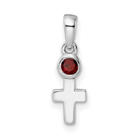 Sterling Silver Cross Pendant with Garnet, Modern Minimalist Religious Design