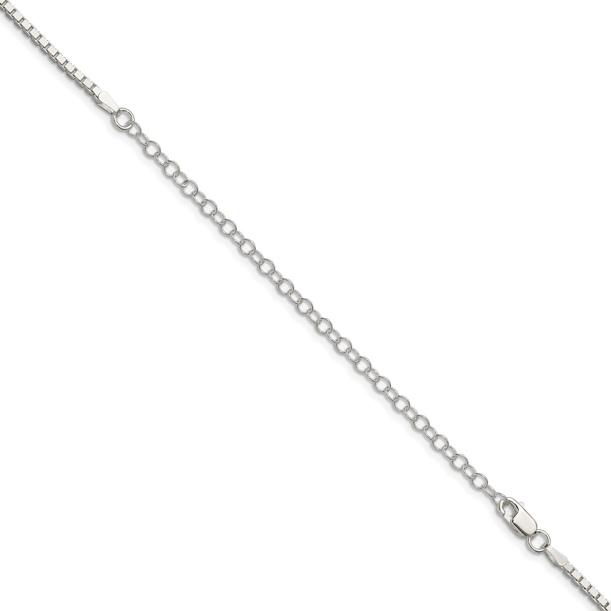 925 White Gold 1.9 mm Box Chain Necklace, Polished detail view