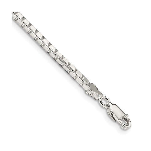 925 White Gold 2.5 mm Box Chain Bracelet, Polished shown for scale