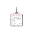 Sterling Silver Birth Pendant with Fillable Name, Date, and Weight, Pink Enamel Heart and Bow