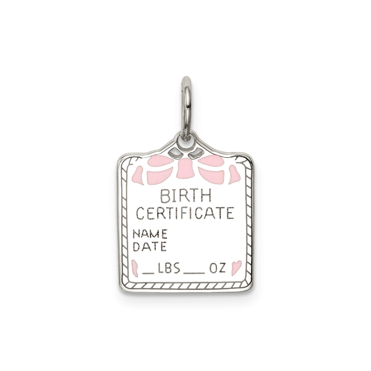 Sterling Silver Birth Pendant with Fillable Name, Date, and Weight, Pink Enamel Heart and Bow