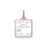 Sterling Silver Birth Pendant with Fillable Name, Date, and Weight, Pink Enamel Heart and Bow
