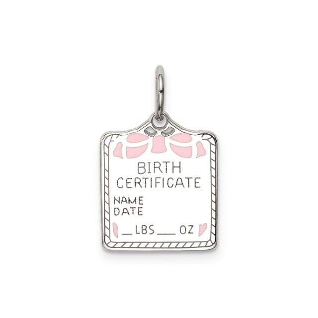 Sterling Silver Birth Pendant with Fillable Name, Date, and Weight, Pink Enamel Heart and Bow