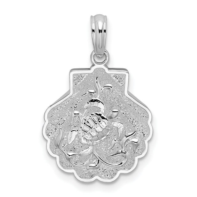 Sterling Silver Pendant with Scallop Shell and Sea Turtle Design, Nautical Ocean Theme Jewelry