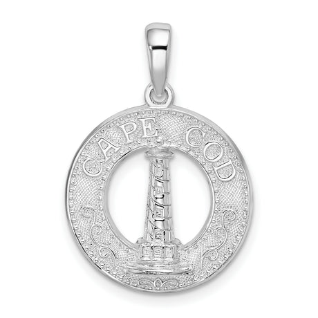 Polished Cape Cod with Lighthouse Circle Charm Pendant in Real 925 Sterling Silver