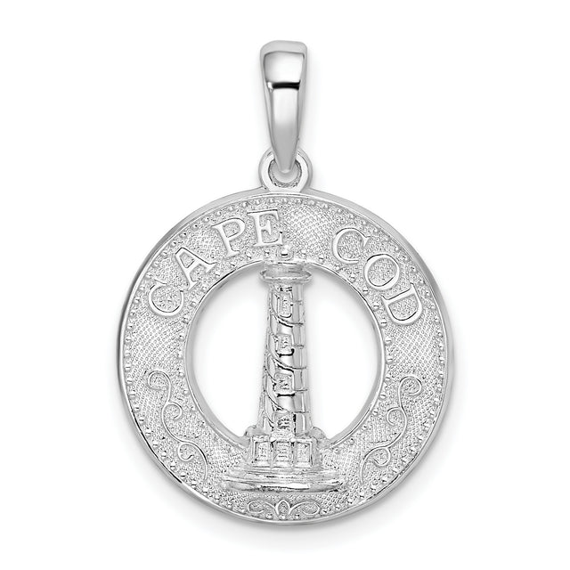 Polished Cape Cod with Lighthouse Circle Charm Pendant in Real 925 Sterling Silver