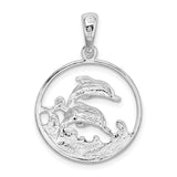 Sterling Silver Dolphin Pendant with Two Dolphins and Wave Design in Circular Frame