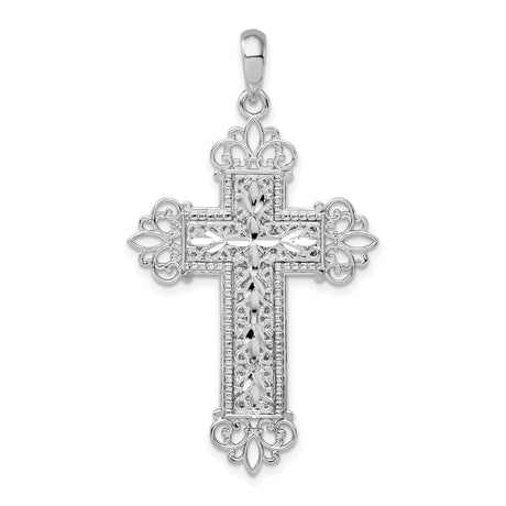 Sterling Silver Cross Pendant with Diamond Cut Filigree, Fleur de Lis, and Vintage Openwork Design