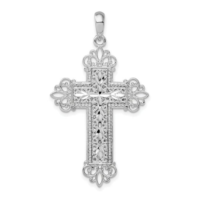 Sterling Silver Cross Pendant with Diamond Cut Filigree, Fleur de Lis, and Vintage Openwork Design