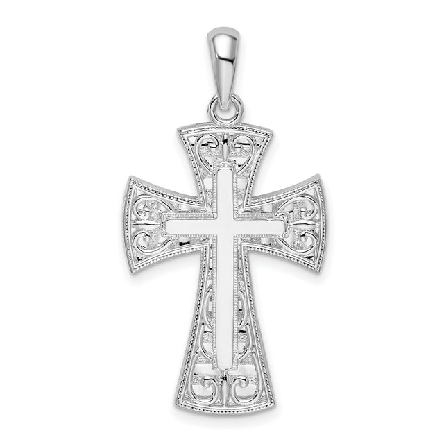 Sterling Silver Cross Pendant with Filigree Design and Beaded Edging for Men and Women