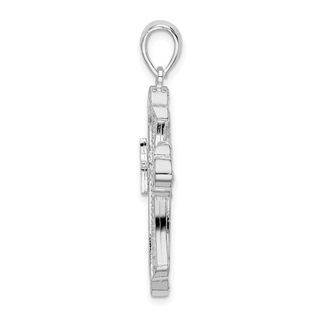 Sterling Silver Faith Cross Pendant with Diamond Cut Floral Design, Textured Arms, Fleur de Lis Style