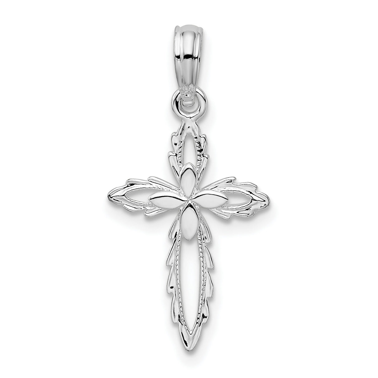 Sterling Silver Cross Pendant with Cut-Out Design, Floral Motif and Leaf Details