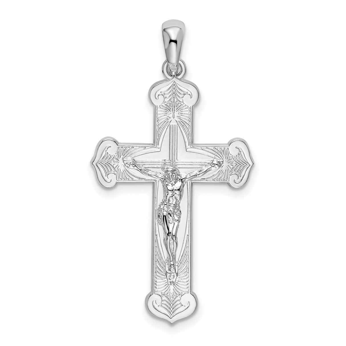 Sterling Silver Crucifix Cross Pendant with Flared Edges and Scalloped Design