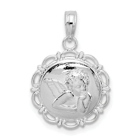 Sterling Silver Angel Pendant with Cherub Design and Scalloped Border, Christian Symbol Charm