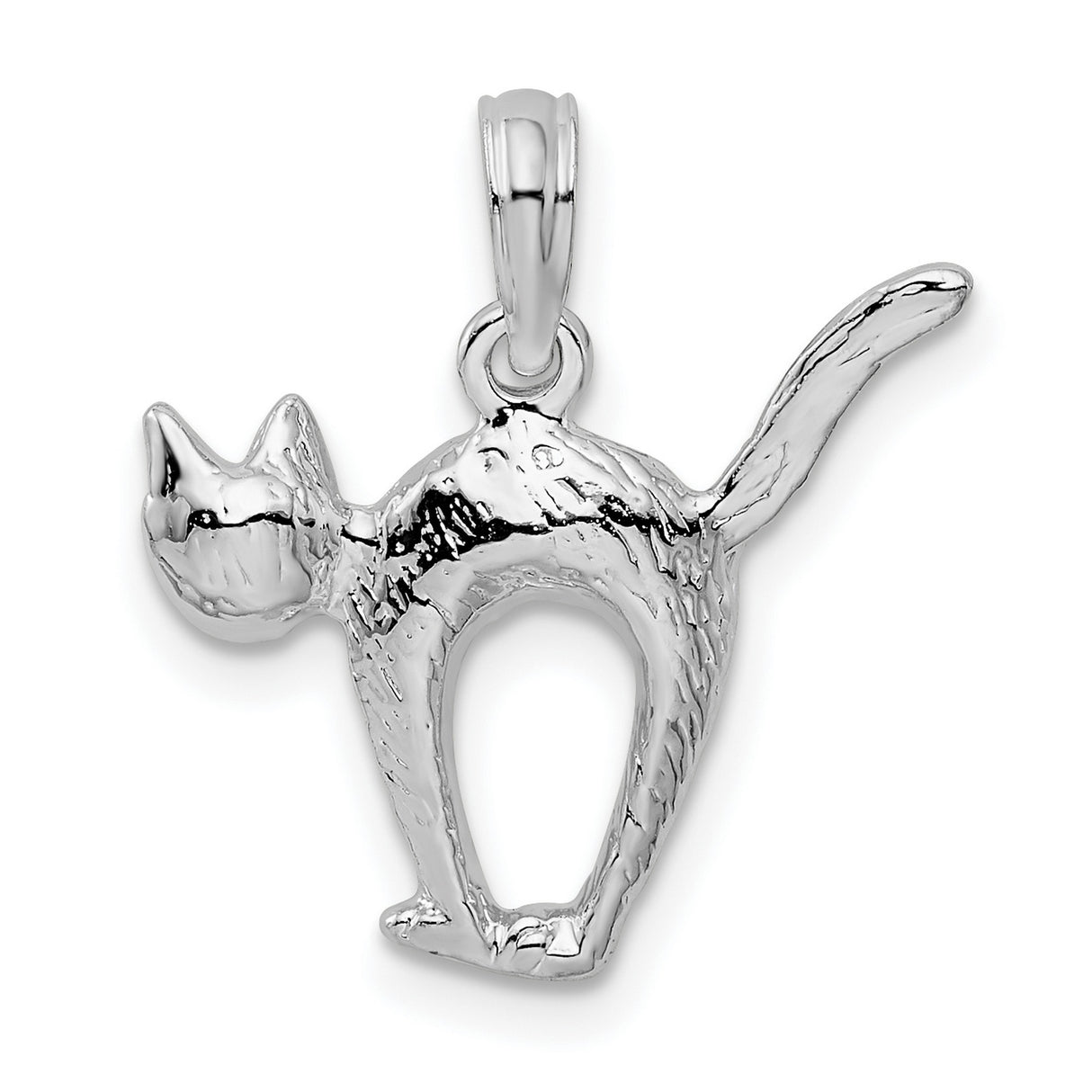 Polished Textured 3-D Cat with Arched Back Charm Pendant in Real 925 Sterling Silver