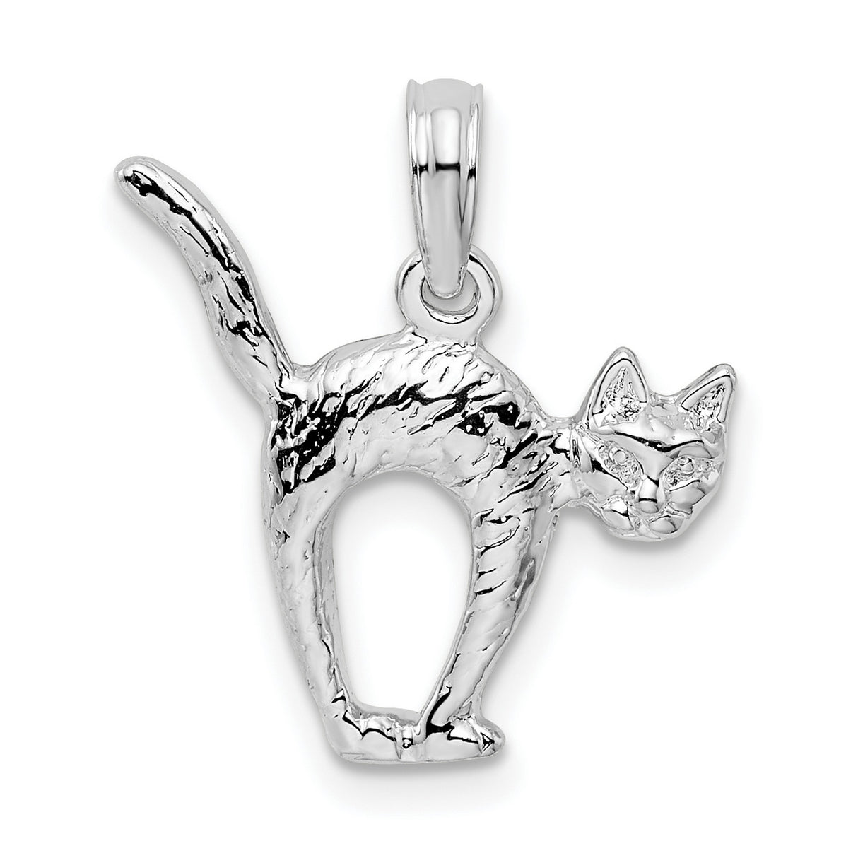 Polished Textured 3-D Cat with Arched Back Charm Pendant in Real 925 Sterling Silver