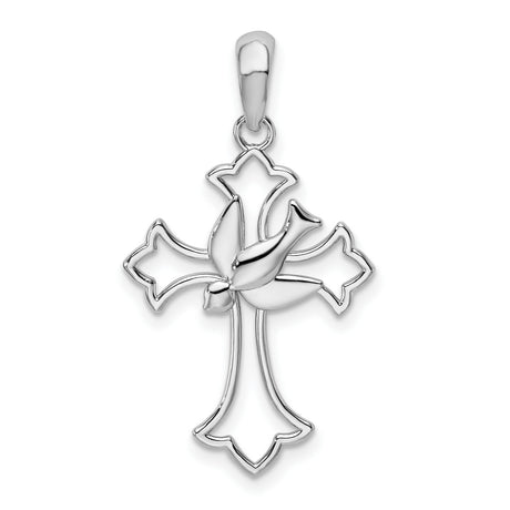 Sterling Silver Cross Pendant with Dove Charm, Openwork Fleur de Lis Religious Design