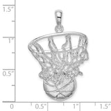 Sterling Silver Basketball Pendant with Detailed Hoop and Net Design, Unisex Sports Charm