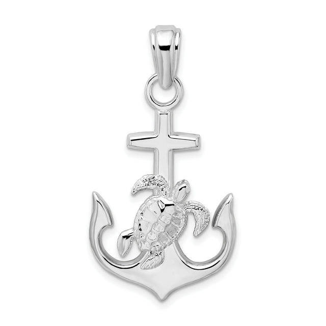 Sterling Silver Anchor Cross Pendant with Sea Turtle Detail, Nautical Christian Jewelry